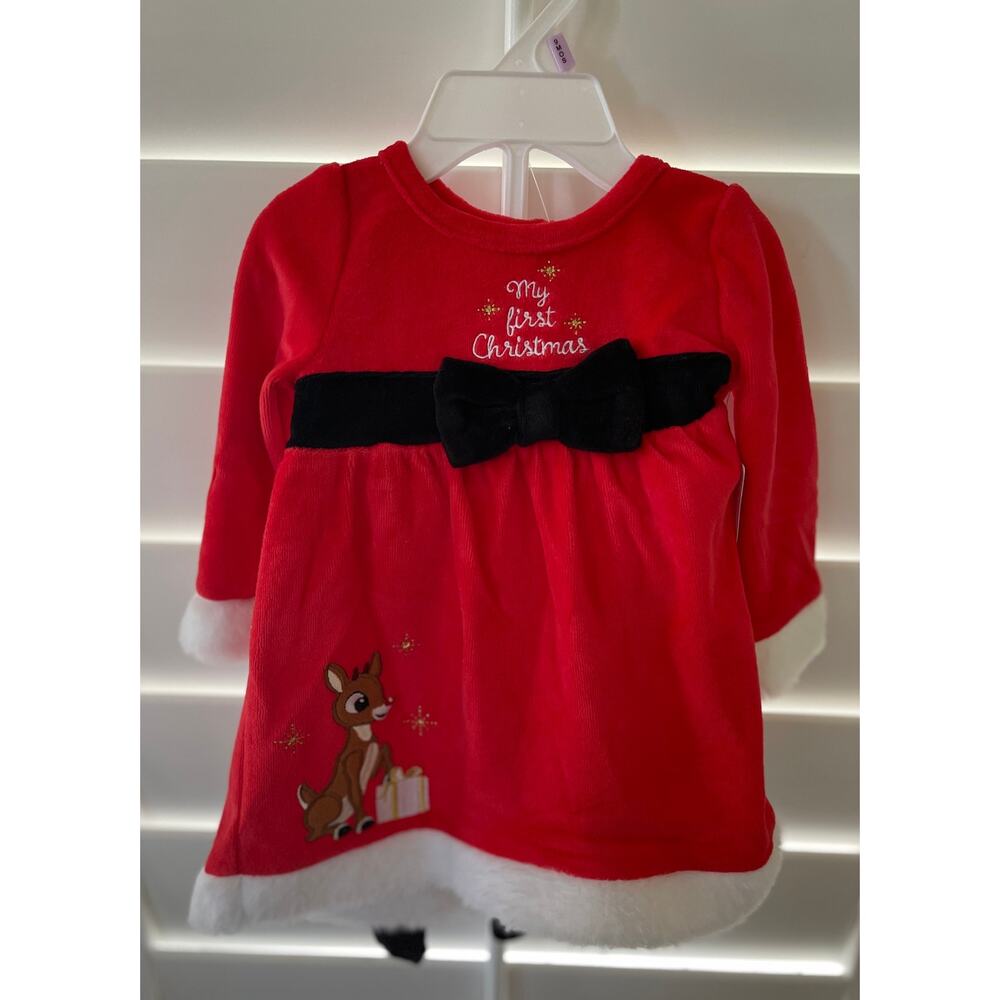 Rudolph Girls Baby My First Christmas Red 2 piece Dress Tights Set NEW 9 months